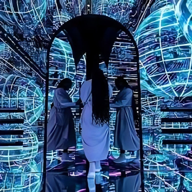 Visitors exploring an immersive digital art installation at AYA Universe Dubai, surrounded by futuristic light projections and interactive visuals.