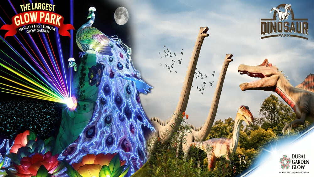 Glow Garden Ticket featuring vibrant illuminated peacock display at Glow Park and life-sized dinosaur models at Dinosaur Park, offering a unique day-to-night family experience.