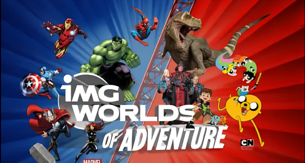 IMG Worlds of Adventure ticket promotional banner featuring Marvel superheroes, dinosaurs, and Cartoon Network characters.
