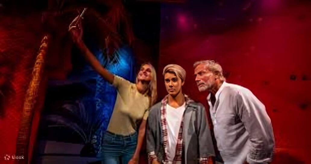 Visitor taking a selfie with incredibly lifelike celebrity wax figures inside Madame Tussauds Dubai's immersive exhibit.