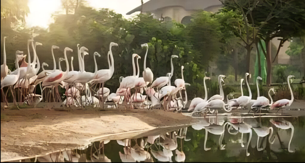 Group of flamingos by a tranquil water pond at Dubai Safari Park, surrounded by lush greenery during golden hour.