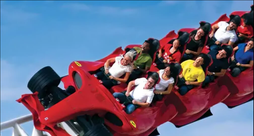 Thrilled visitors riding the high-speed Formula Rossa roller coaster at Ferrari World Abu Dhabi, the world’s fastest coaster.