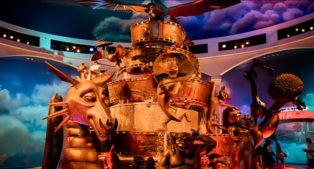 Fantasy-themed golden dragon and animated sculptures in DreamWorks zone at Motiongate Dubai, showcasing immersive attractions and themed entertainment.