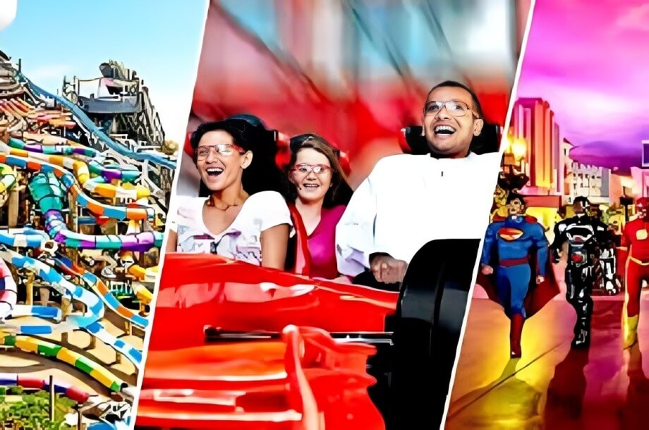 Vibrant collage showcasing Yas Island’s top attractions: thrilling water slides at Yas Waterworld, high-speed roller coaster at Ferrari World, and superhero-themed adventures at Warner Bros. World Abu Dhabi – a perfect family fun destination in Abu Dhabi.
